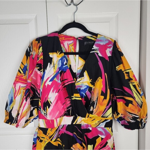 New York & Co. Midi Dress Graphic-Print Poplin Puff-Sleeve Wrap Tie Waist Sz M - Picture 10 of 16